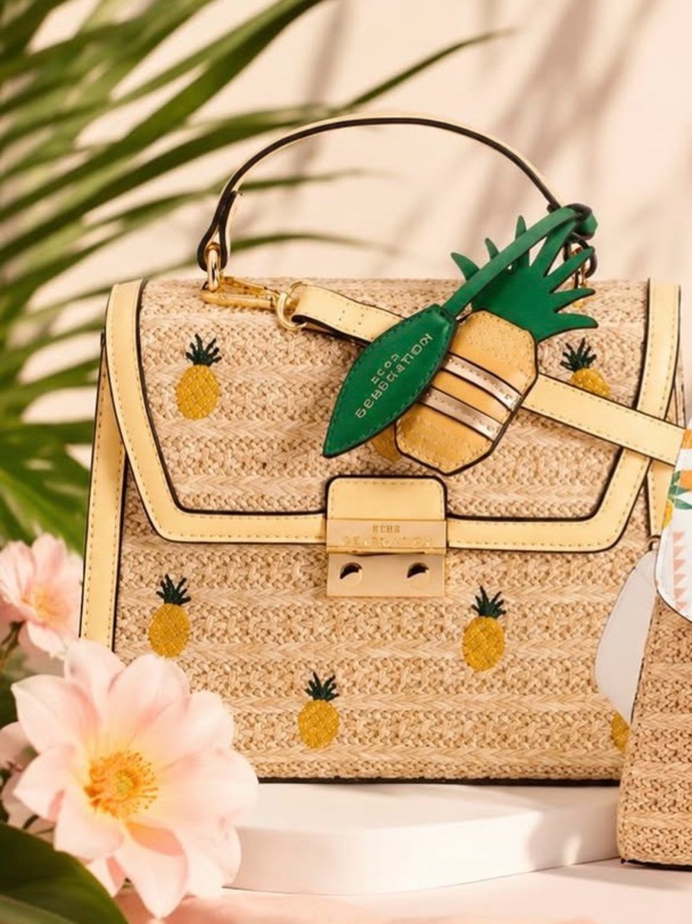 New BCBGeneration Natural Straw Top Handle Bag with Yellow Pineapple Motif
